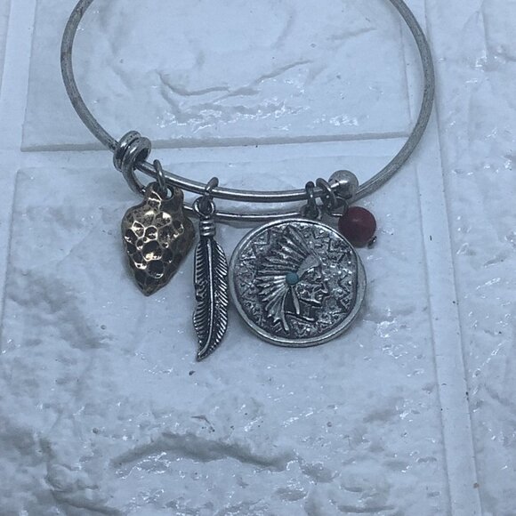 Bangle Wire Bracelet Indian man‎ Charm and Red Bead Silver Tone Women’s - Picture 2 of 7